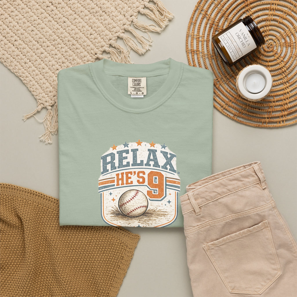Relax He’s 9 Vintage Baseball Tee